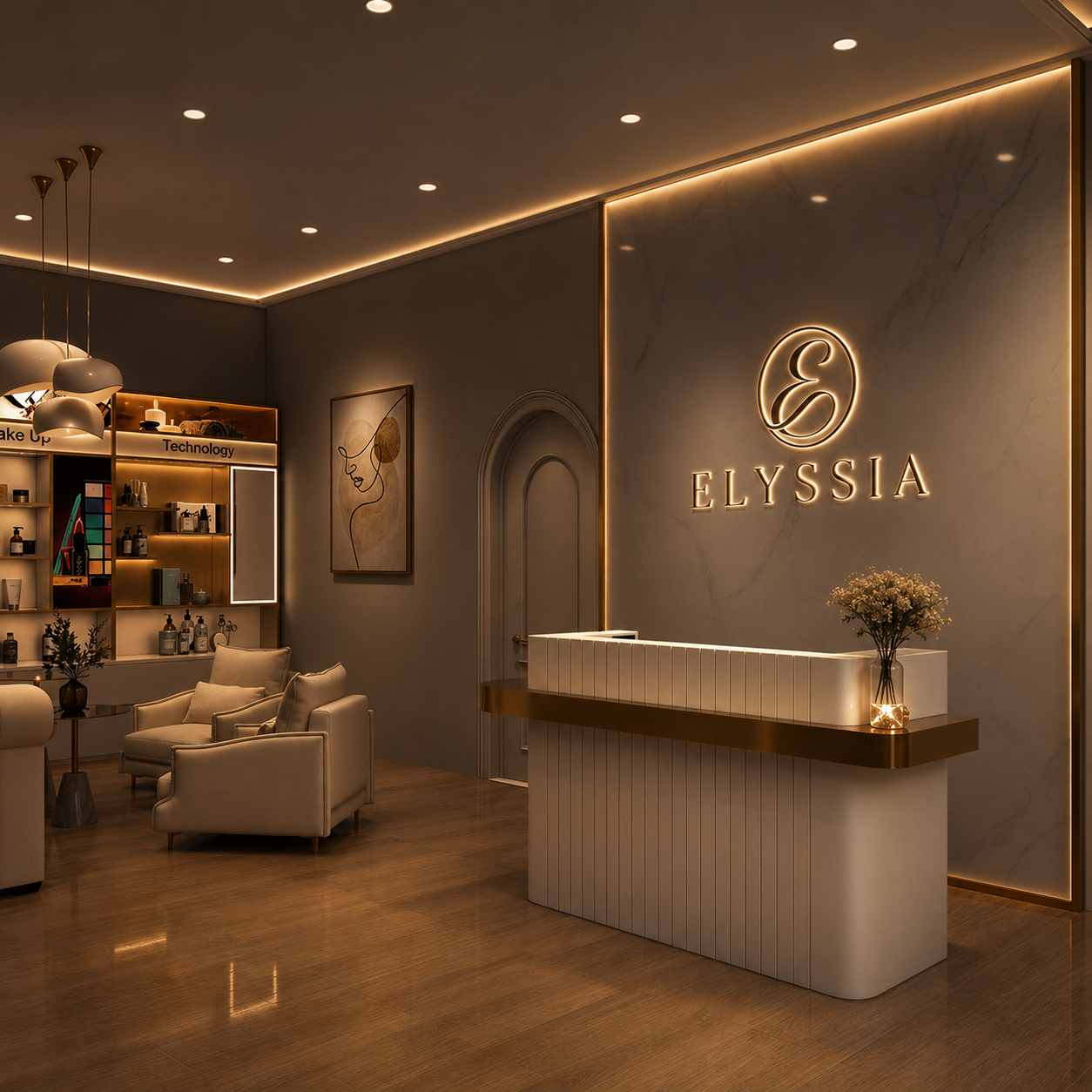 Recepci&oacute;n elegante de Elyssia Beauty Salon con ambiente boutique premium