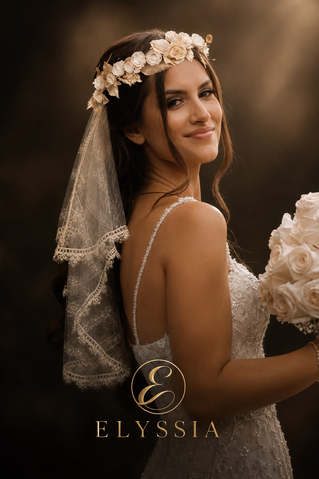 Detalle premium de maquillaje, velo y accesorios para novia