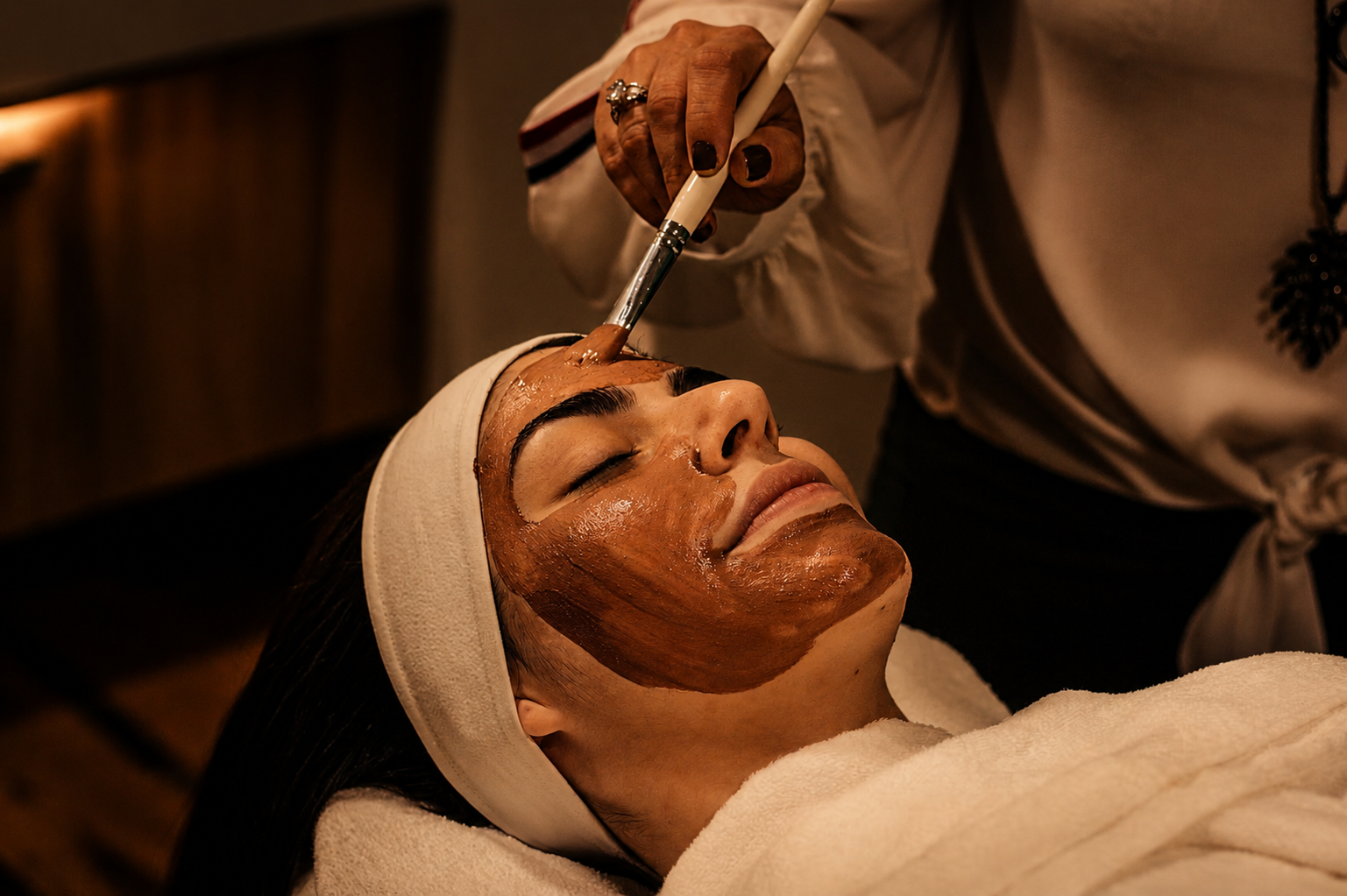 Ambiente premium de spa urbano con toallas blancas y aceites